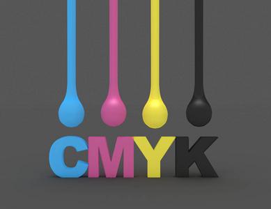 cmyk色3d 的 cmyk 油墨滴上孤立的灰色和词 cmyk照片